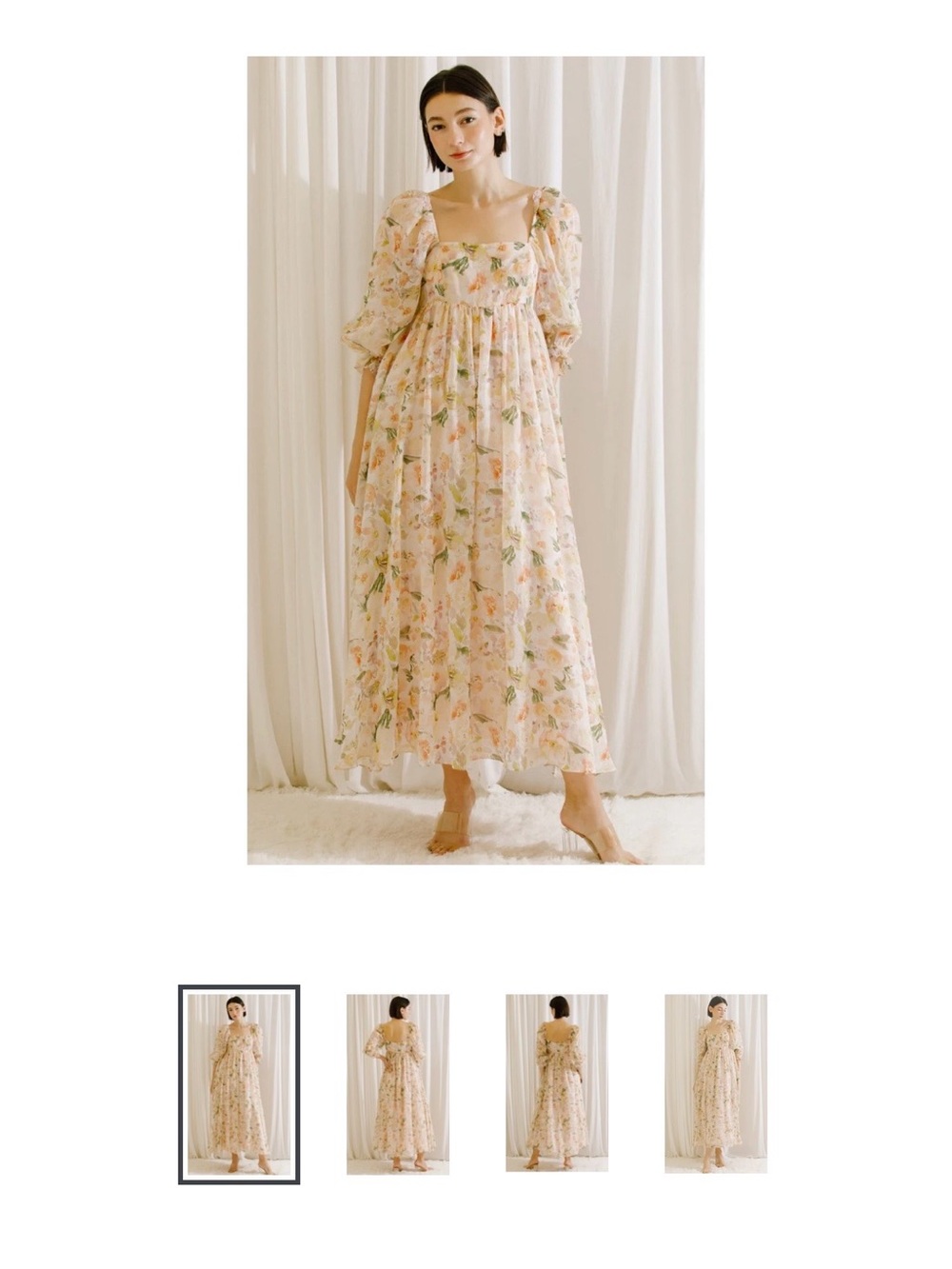 Floral Puff-Sleeve Midi Dress in Peach Blossom